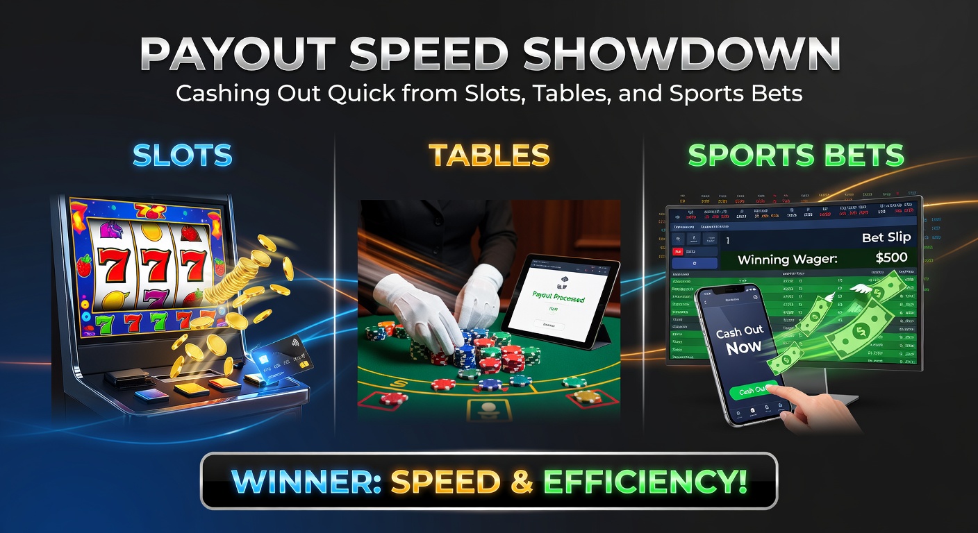 Grafik zeigt ein Rennen zwischen Slots, Tischspielen und Sportwetten bei der Auszahlungsgeschwindigkeit mit Uhren und Geldsäcken