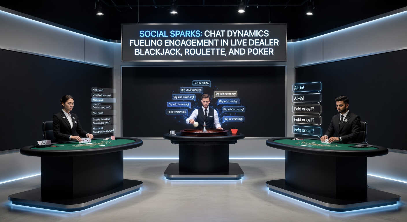 Gruppe von Spielern in einem Live-Poker-Raum, Chat-Blasen voller Strategie-Tipps und Emojis, Dealer im Zentrum